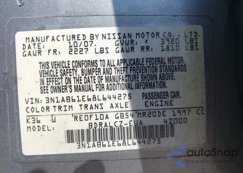 2008 Nissan Sentra 2.0 from USA, damaged, VIN 3N1AB61E68L644275